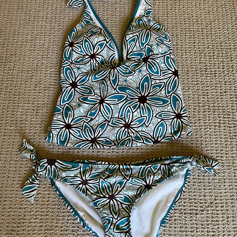 Teal and brown floral tankini